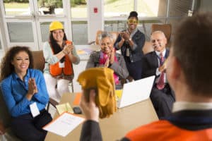 Safety in the workplace. Presentation with office workers.